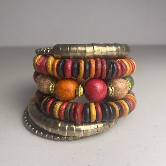 Vintage Wooden Wood Bead Coil Wrap Bracelet Brass Tone Stacking Beaded Bangle - Picture 2 of 13